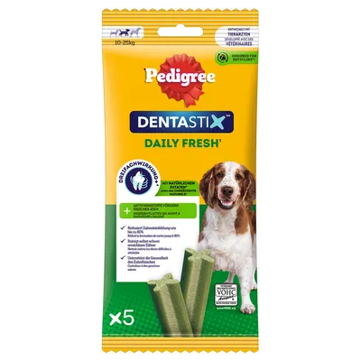 Pedigree Dentastix Daily Fresh kutyáknak 10-25 kg, természetes leheletfrissítővel, akár 80%-kal csökkenti a fogkőképződést, 5 darabos csomag, VOHC-tanúsítvánnyal.