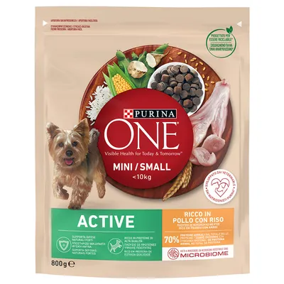 Purina ONE Mini/Small Active, ricco di pollo con riso, per cani sotto i 10 kg. Confezione da 800g. Supporta le difese naturali, 70% proteine animali, sviluppato per un microbioma sano.