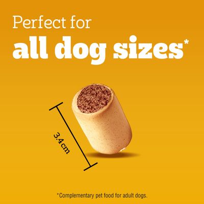 Perfect for dogs of all sizes. Image of a snack with a measurement of 3.4 cm. Note: Complementary food for adult dogs.