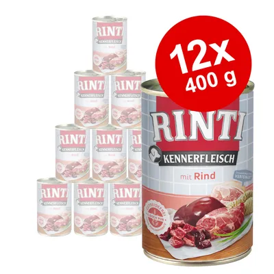RINTI Kennerfleisch mit Rind, 12x400 g. Slika prikazuje limenke hrane s govedinom, vidljiv natpis na crvenom krugu: 12x 400 g.
