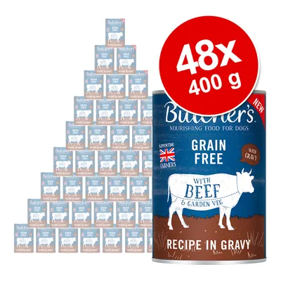 Butcher's Nourishing Food for Dogs, Grain Free, with Beef & Garden Veg, Recipe in Gravy, lot de 48 boîtes de 400 g. Texte en anglais sur l’emballage.