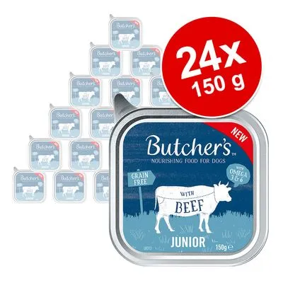 Butcher's Nourishing Food for Dogs Junior met rund, 24 x 150 g, grain free, met omega 3 & 6. Tekst: 'NEW', 'WITH BEEF', 'GRAIN FREE', 'JUNIOR', 'WITH OMEGA 3 & 6'.