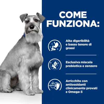 Alta digeribilità e basso contenuto di grassi, esclusiva miscela di prebiotici e zenzero, arricchita con antiossidanti clinicamente testati e Omega-3.
