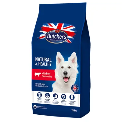 Butcher's Natural & Healthy droogvoer met rund voor volwassen honden, 15 kg. Ondersteunt gezonde spijsvertering, immuunsysteem en sterke botten. Recyclebare verpakking.
