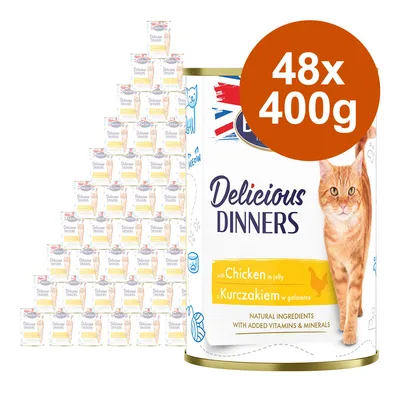 Lot de 48 boîtes de 400 g Delicious Dinners pour chat, saveur poulet en gelée. Texte visible : with Chicken in jelly, z Kurczakiem w galarecie, natural ingredients with added vitamins & minerals.
