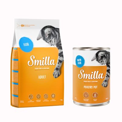 Smilla Adult torrfoder med texten 'Beef' och Smilla våtfoderburk med texten 'Poultry Pot', båda med bild på katt. Röd procent-symbol visar rabatt eller erbjudande.