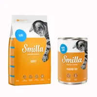 Blandpack: 1 kg Smilla torrfoder + passande våtfoder - Adult Fisk + 6 x 400 g Mört fågelkött med fisk