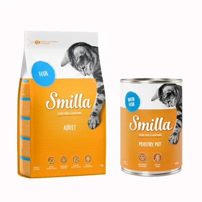 Blandpack: 1 kg Smilla torrfoder + passande våtfoder - Adult Fisk + 6 x 400 g Mört fågelkött med fisk Blandpack: 1 kg Smilla torrfoder + passande våtfoder - Adult Fisk + 6 x 400 g Mört fågelkött med fisk