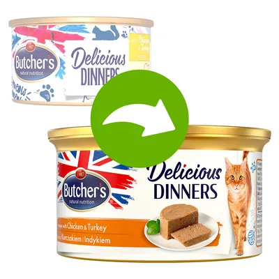 Deux boîtes Butcher's Delicious Dinners, l'une avec un chat et une assiette de pâtée, texte visible : Chicken & Turkey. Flèche verte indiquant un changement d'emballage.