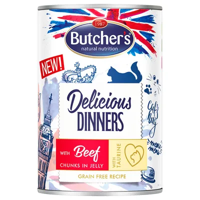 Butcher's natural nutrition Delicious Dinners with Beef chunks in jelly, with taurine, grain free recipe. Testo NEW! e illustrazione di gatto visibili sulla confezione.