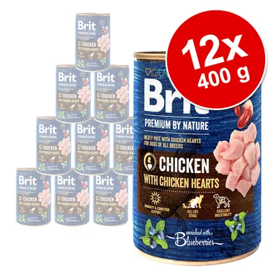 Brit Premium by Nature Chicken with Chicken Hearts, 12×400 g. Konzervy s kuřecím masem a srdíčky, vyobrazené borůvky, text: enriched with blueberries. Brit Premium by Nature Chicken with Chicken Hearts, 12×400 g. Konzervy s kuřecím masem a srdíčky, vyobrazené borůvky, text: enriched with blueberries.