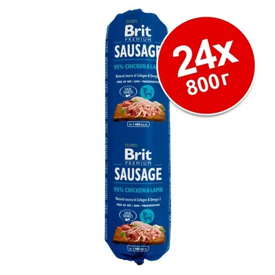 Brit Premium Sausage 95% Chicken & Lamb, 24×800 г. Видими надписи: Natural source of Collagen & Omega-3, Free of soy/GMO/preservatives, Local sources, 1 440 kJ/kg.