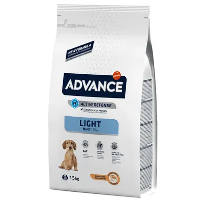 Sac de croquettes Advance Active Defense Light Mini 1–10 kg, 1,5 kg, avec image de chien et mentions : -47 % matières grasses, effet satiété, repas complet, goût poulet.