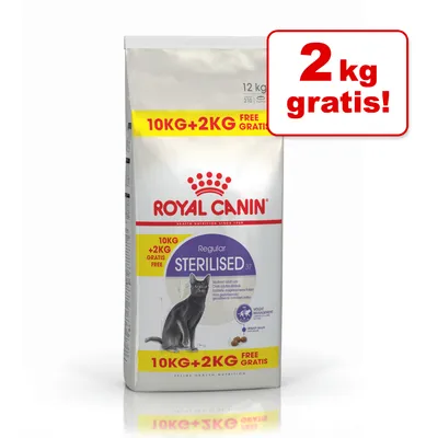 Royal Canin Sterilised 37 kattefoder, 10 kg + 2 kg gratis. Tekst: 2 kg gratis! Billede af sort kat på posen. Synlig tekst: 10KG+2KG FREE GRATIS. Royal Canin Sterilised 37 kattefoder, 10 kg + 2 kg gratis. Tekst: 2 kg gratis! Billede af sort kat på posen. Synlig tekst: 10KG+2KG FREE GRATIS.