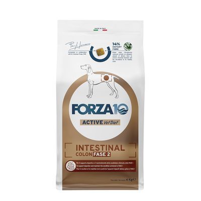 Zak Forza10 Active Vet Diet Intestinal Colon Fase 2 hondenvoer, 4 kg. Opdruk: 14% dietary fiber, afbeelding hond met markering op buik.