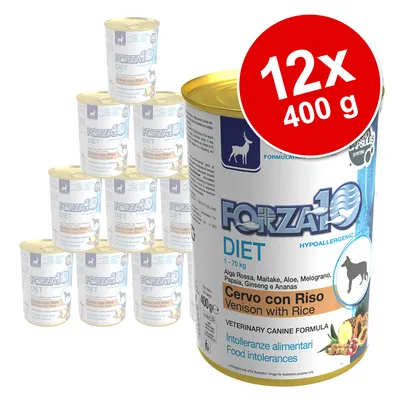 Forza10 Diet Hypoallergenic Cervo con Riso kutyakonzerv, 12×400 g csomag. Látható szöveg: Venison with Rice, Intolleranze alimentari, Food intolerances.
