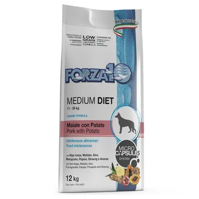 Forza10 Medium Diet hundfoder, Maiale con Patate (Pork with Potato), för 11–35 kg, 12 kg. Innehåller röd alger, maitake, aloe, granatäpple, papaya, ananas och ginseng. Made in Italy. Forza10 Medium Diet hundfoder, Maiale con Patate (Pork with Potato), för 11–35 kg, 12 kg. Innehåller röd alger, maitake, aloe, granatäpple, papaya, ananas och ginseng. Made in Italy.