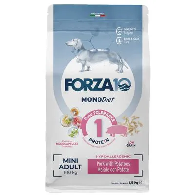 FORZA10 MONODiet Mini Adult 1–10 kg, hypoallergeen hondenvoer met varkensvlees en aardappel, 1,5 kg. Food Tolerance 1 Protein. Immunity Support, Skin & Coat Care zichtbaar op verpakking.