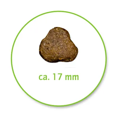 Een enkel bruin stuk droogvoer van ca. 17 mm groot, weergegeven in een groene cirkel.