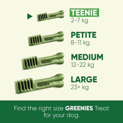 Greenies treat size guide: Teenie for 2–7 kg, Petite for 8–11 kg, Medium for 12–22 kg, Large for 23+ kg. Find the right size Greenies treat based on weight.