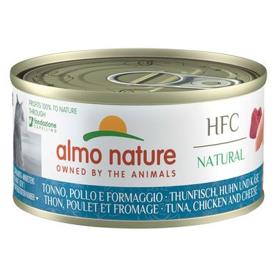 Boîte de nourriture pour chat almo nature HFC Natural, thon de l’Atlantique. Texte visible : Profits 100% to nature, Owned by the animals.
