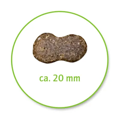 Abbildung eines braunen Trockenfutterstücks mit einer Grösse von ca. 20 mm.