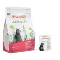 Croquettes Almo Nature 2 kg + sachets 6 x 50 g offerts ! - Anti Hairball saumon + bouillon de sardines avec sardines