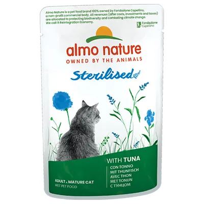 Almo Nature Sterilised wet food for adult, sterilised cats with tuna. Packaging shows a cat and plant motif.