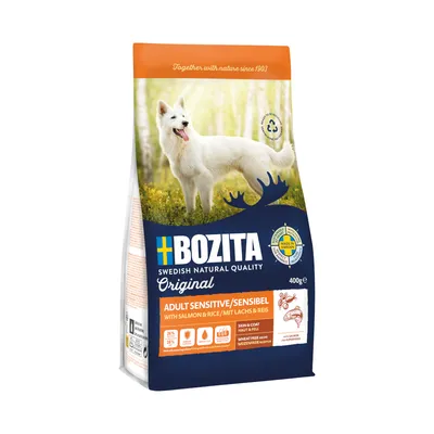 Bozita Adult Sensitive con salmón y arroz, 400g. Piel y pelaje, sin trigo. Made in Sweden. Together with nature since 1903.