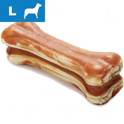 Kaksi puruluuta, päällä sininen laatikko, jossa valkoinen L-kirjain ja koiran siluetti.