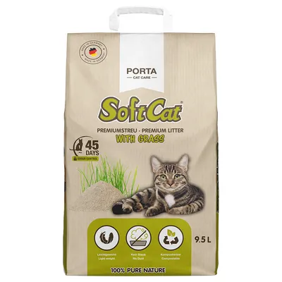 SoftCat Premiumstreu z trawą, 9,5 l. Wyprodukowane w Niemczech, wiąże zapach do 45 dni, lekkie, bezpyłowe, kompostowalne. 100% Pure Nature. Porta Cat Care.