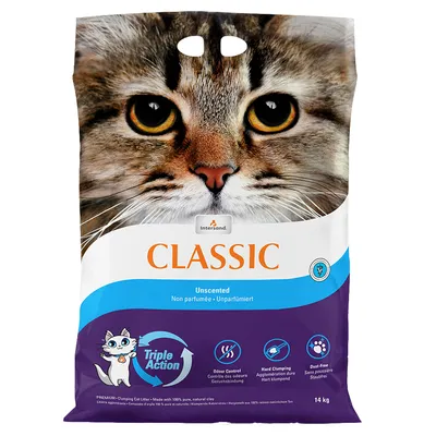 Intersand Classic kattsand, oparfymerad, med Triple Action: lukt­kontroll, hård klumpbildning, dammfri. Förpackning visar katt och produkt­detaljer. Innehåll: 14 kg.