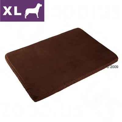 Brązowe legowisko prostokątne, rozmiar XL widoczny w lewym górnym rogu na fioletowym tle z ikoną psa. Materiał nieokreślony.