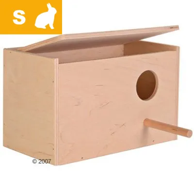 Maison en bois pour petit animal, taille S, avec toit ouvrant, trou d’entrée rond et perchoir. Silhouette de lapin et lettre S visibles en haut à gauche.
