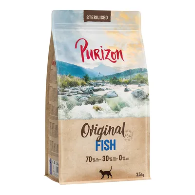 Purizon Sterilised Original Fish krmivo pro kočky, 2,5 kg. 70 % ryb, 30 % zeleniny, 0 % obilovin. Balení s říční krajinou a symbolem kočky.