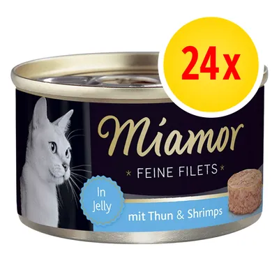 Lata de Miamor Feine Filets In Jelly mit Thun & Shrimps, imagen de un gato blanco en la etiqueta. Paquete de 24 unidades indicado en círculo amarillo.