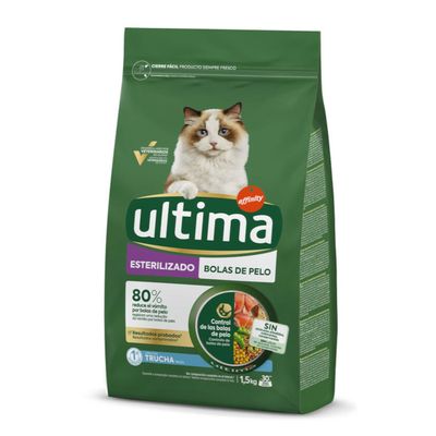 Ultima Sterilizado Bolas de Pelo krmivo pro kočky, 1,5 kg, s pstruhem, bez přidaného cukru, umělých barviv a konzervantů.