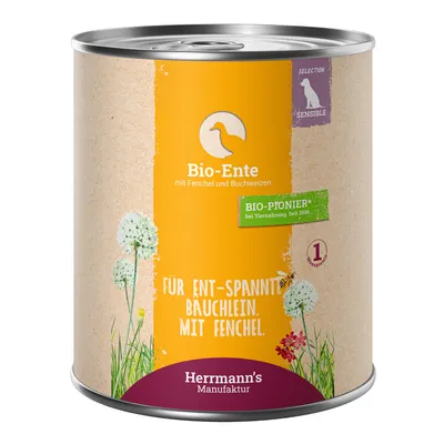 Herrmann's Manufaktur organic duck with fennel and buckwheat. For sensitive stomachs with fennel. Organic pet food pioneer since 2006. Sensible Selection, 1 recipe.