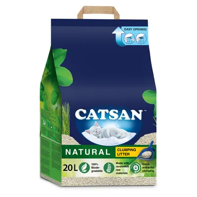 Catsan Natural clumping litter, 20 litres. 100% biodegradable, made with renewable raw materials, quick and solid clumping. Easy opening shown at top of pack. Catsan Natural clumping litter, 20 litres. 100% biodegradable, made with renewable raw materials, quick and solid clumping. Easy opening shown at top of pack.
