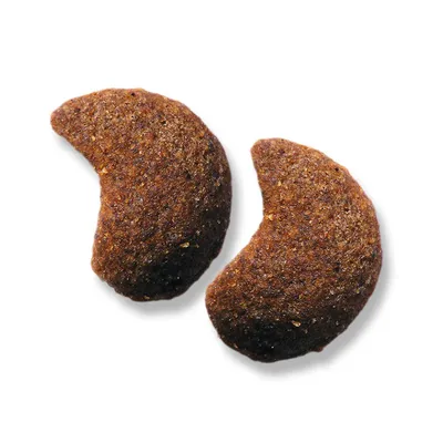 Zwei halbmondförmige, braune Kroketten aus Trockenfutter mit körniger Textur.