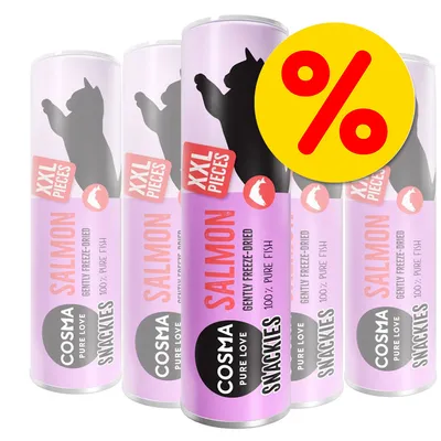 COSMA PURE LOVE SNACKIES XXL PIECES SALMON, GENTLY FREEZE-DRIED, 100% PURE FISH – balení s výraznou žlutou procentuální slevou