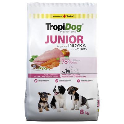 TropiDog Junior hondenvoer voor kleine en middelgrote rassen, rijk aan kalkoen met rijst, 8 kg. Ondersteunt groei, immuunactiviteit en spijsvertering.