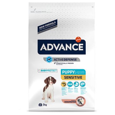 Корм для щенков Advance Puppy Sensitive 2–12 месяцев, 3 кг. Основной ингредиент: лосось. Формула Active Defense, BabyProtect, Monoprotein. Без искусственных консервантов и красителей.