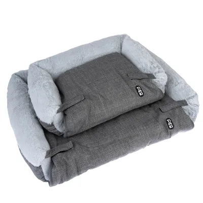 Cama cinzenta para animais de estimação com borda de pelúcia macia e almofada removível, logótipo da marca FKY visível. Cama cinzenta para animais de estimação com borda de pelúcia macia e almofada removível, logótipo da marca FKY visível.