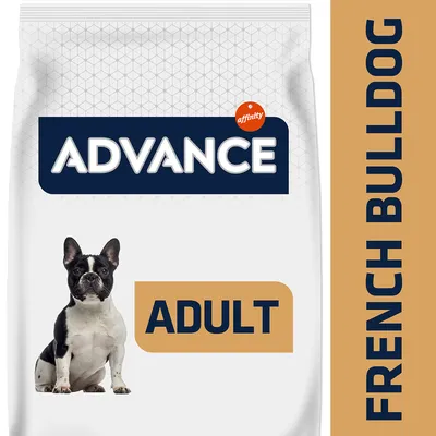 Advance Adult krmivo pro psy pro francouzského buldočka, balení s obrázkem černo-bílého francouzského buldočka.