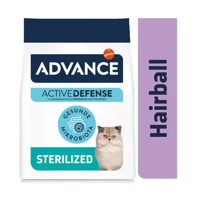 Advance Active Defense Sterilized krmivo pro kočky se zdravou mikrobiotou, speciálně pro kontrolu tvorby chomáčů chlupů. Se vědecky ověřenými složkami.