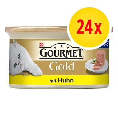 GOURMET Gold mit Huhn kattenvoer, afbeelding van blik met witte kat, portie paté op bord en gele cirkel met rode tekst '24x'.