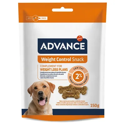 Advance Weight Control Snack, complément pour plans de perte de poids, faible en matières grasses 2 %, sachet de 150 g. Biscuits visibles avec marque Advance.