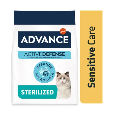Advance Active Defense Sterilized krmivo pro kočky se zdravou mikrobiotou, vědecky ověřené složky. Sensitive Care.