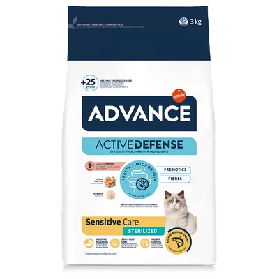 Advance Active Defense Sensitive Care Sterilized krmivo pro kočky s lososem, prebiotiky, vlákninou, bez umělých konzervantů. Pro trávení, péči o kůži a kontrolu hmotnosti.